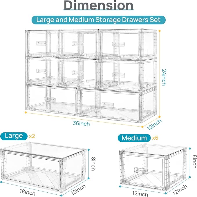 Vtopmart 8 Pack Large & Medium Stackable Drawer Organizer Set, 162QT Easy Assembly Clear Plastic Storage Cabinet, Durable Dresser for Closet, Bedroom, Entryway, Playroom & Apartment Organization - Image 2