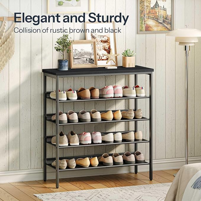 HOOBRO Shoe Rack for Entryway, 5-Tier Shoe Organizer with Adjustable Mesh Shelves, 12-16 Pairs of Shoes, Spacious Floor Mount, Metal, Industrial, Shoe Shelf for Closet, Black BB12XJ01 - Image 5