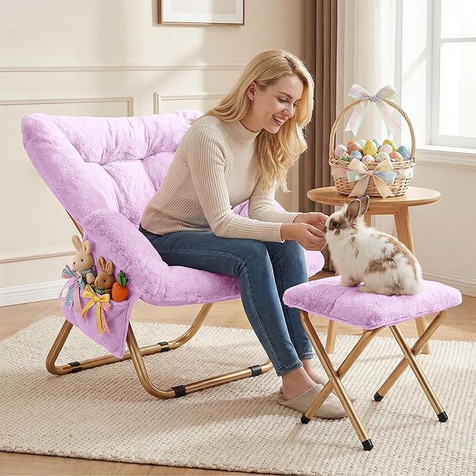 Kasunpul Comfy Saucer Chair, Foldable Living Room Chairs, Soft Faux Fur Lounge Chair for Bedroom, Reading Chairs for Adults, Teens, X-Large (Lavender)