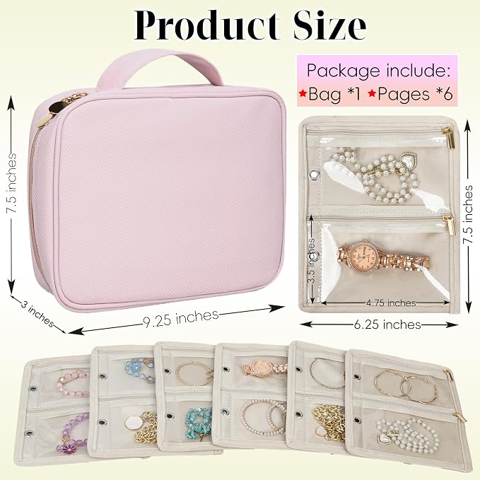 Travel Jewelry Organizer Case,Small Jewelry Bags for Traveling, Jewelry Binder with 24 Pcs Clear Zipper Velvet Pouches (Pink) - Image 2