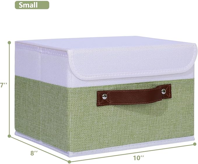 ANMINY 4PCS Storage Boxes with Lid Washable Decorative Storage Bins Basket with PU Leather Handle Foldable Linen Fabric Storage Cubes Containers for Home Closet Organizer - Green White, Small Size - Image 5