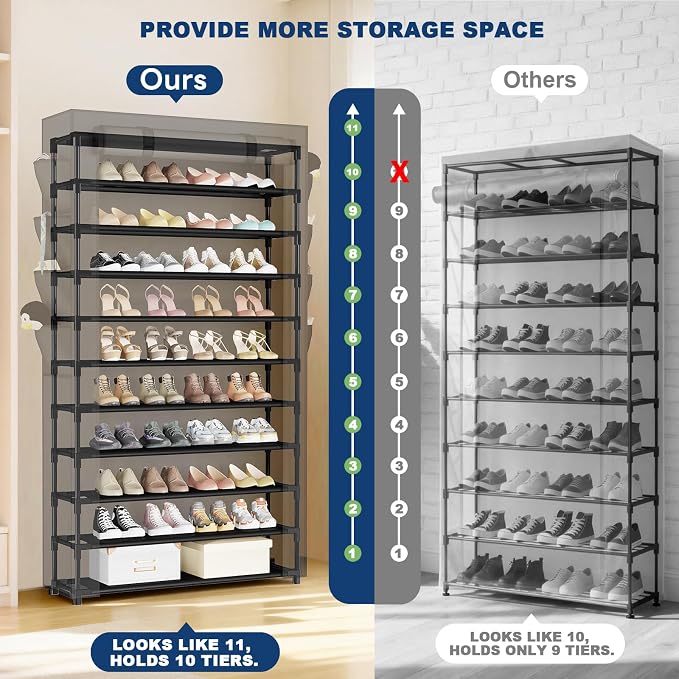 Mavivegue Shoe Rack with Cover, 10+1 Tier Tall Shoe Storage for 50-55 Pairs of Shoes, Shoe Organizer for Entryway, Closet - Image 5