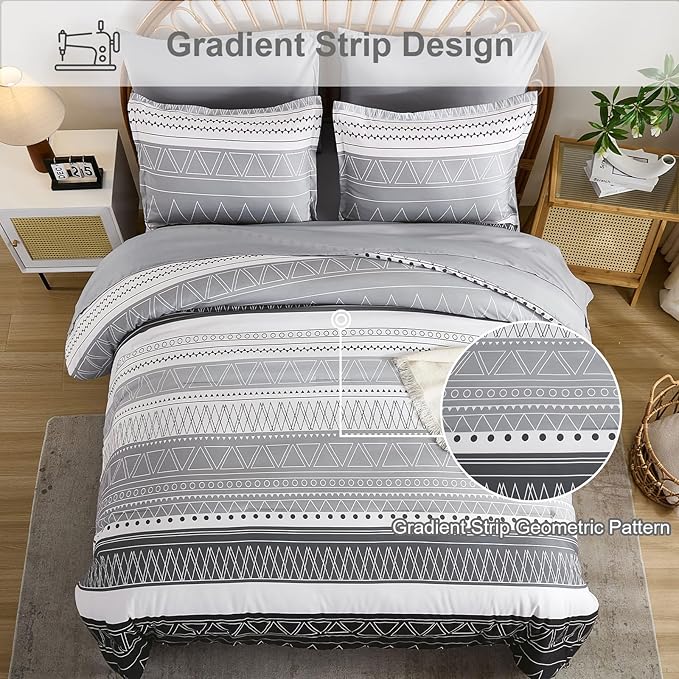 WONGS BEDDING Queen Comforter Set 7 Pieces, Boho Grey White Geometric Striped Comforter for Queen Bed in a Bag, Soft Microfiber Bedding Set with Pillowcases, Flat Sheet, Fitted Sheet, Pillow Shams
