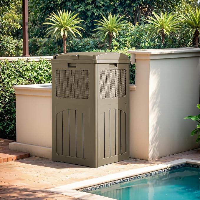 Devoko 33 Gallon Outdoor Trash Can, Hideaway Garbage Bins with Tiered Lid, Waterproof Resin Outside Waste Bins for Patio, Outside Pool, Backyard and Deck (1, Brown) - Image 4