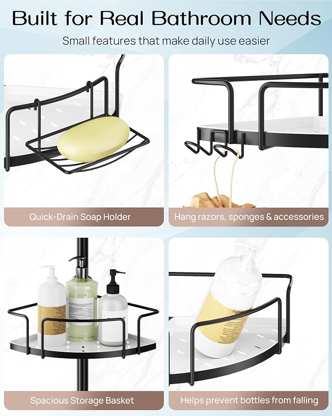 ALLZONE Corner Shower Caddy Tension Pole, 4 Hang-On Basket with Mixed-Height Shelves for Various Bottle Sizes, Extra Hooks & Soap Holder, Rustproof Stainless Steel, Fits 34–116 Inch, Black/White - Image 4
