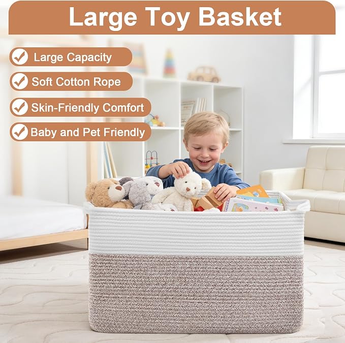 75L Extra Large Blanket Basket for Living Room - Cotton Rope Laundry Hamper Woven Baskets XXL Storage Bin with Handles for Dirty Clothes, Kids, Pets, Toys, Bedroom, 22" x 17" x 12", White & Brown - Image 4