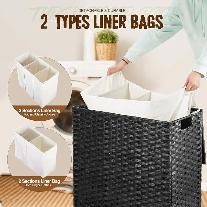 Greenstell Laundry Hamper with Lid, 125L Large Clothes Hamper with 3 Section & 2 Section Removable Liner Bags & 5 Mesh Laundry Bags, Handwoven Synthetic Rattan Divided Laundry Basket, Black - Image 3