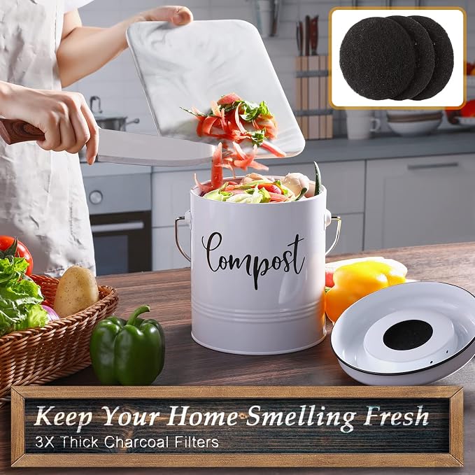 DAYYET Compost Bin Kitchen, 1.3 Gallon Farmhouse Kitchen Compost Bin Countertop, Indoor Countertop Compost Bucket with Lid and Charcoal Filters, White - Image 3
