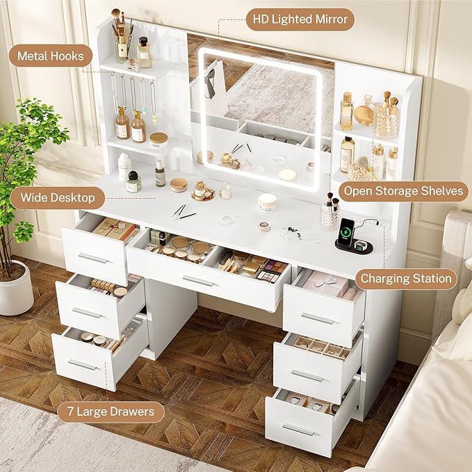 FIONESO Large Vanity Desk with LED Lighted Mirror & Power Outlet, Makeup Vanity Table with 7 Drawers,4 Shelves and 5 Hooks, White Vanity for Bedroom, Bathroom