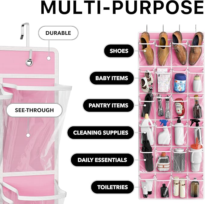 Simple Houseware 24 Pockets Large Clear Pockets Over The Door Hanging Shoe Organizer, Pink (56" x 22.5") - Image 4