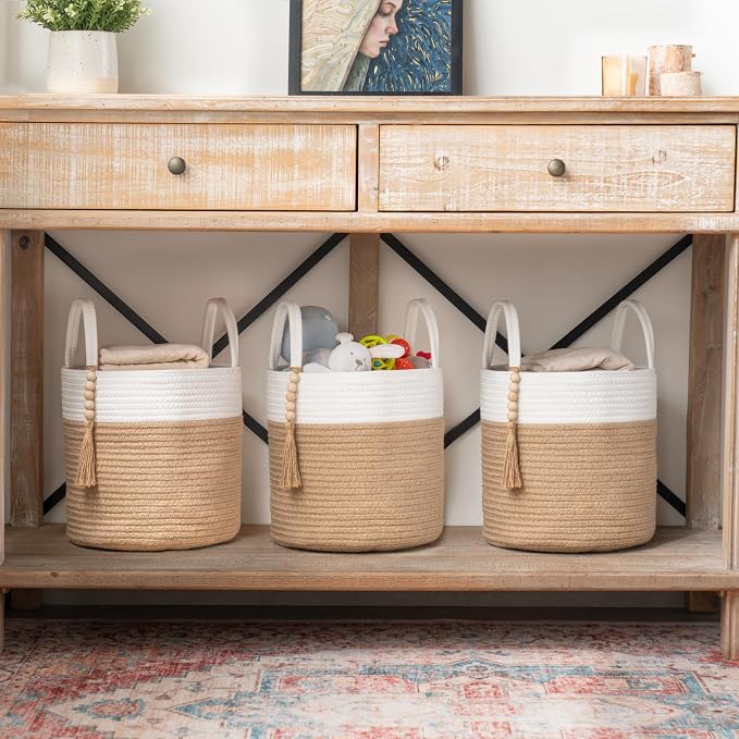 Mkono Woven Storage Basket Decorative Rope Basket Wooden Bead Decoration for Blankets,Toys,Clothes,Shoes,Plant Organizer Bin with Handles Living Room Home Decor, 11" W × 11" L, Cream White and Brown - Image 2