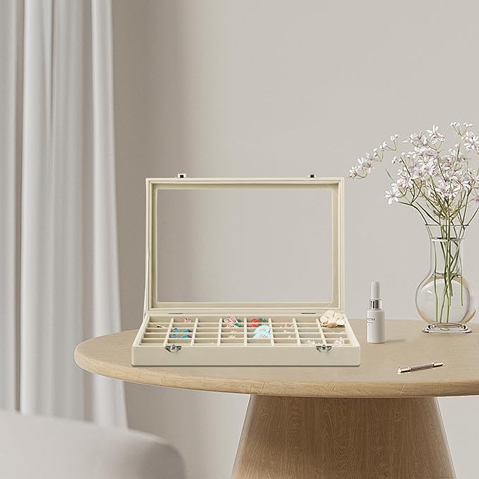 Frebeauty 40 Grid Jewelry Tray,Adjustable Earring Holder Organizer with Glass Lid,Velvet Drawer Jewelry Organizer for Rings,Studs,13.8 x 9.5 x 2 Inches Jewelry Display Box,Gift for Women(Beige) - Image 2