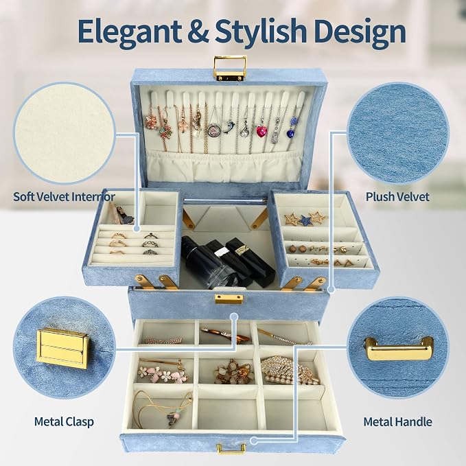 Dajasan Jewelry Organizer Box, Large Jewelry Boxes for Women Girls, Space-Saving 3 Layers Jewelry Storage Case with Drawer, Gift Idea for Christmas, Valentine's Day, Birthday, Mother's Day (Blue) - Image 3