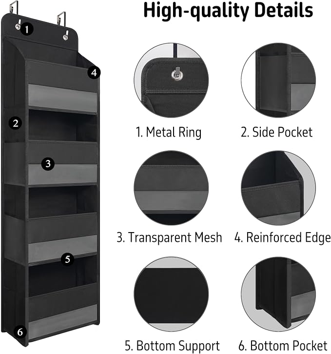 TYMENSH Over The Door Hanging Organizer with 4 Large Pockets – Closet, Bathroom, Nursery, Bedroom, Dorm Storage for Toys, Cosmetics, and Baby Essentials, Black - Image 4