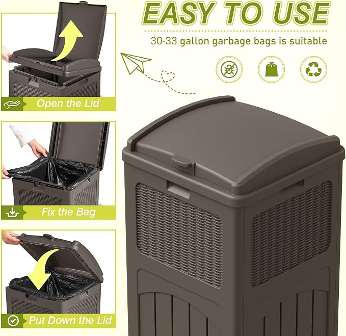 Greesum 33 Gallon Outdoor Trash Can with Lid, Waterproof Resin Garbage Bin for Hideaway, Deck, Patio, Dark Brown - Image 2