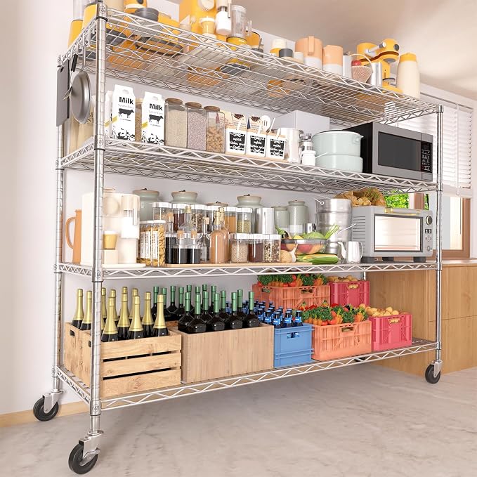 PrimeZone 4 Tier 55.5" Wx24 Dx76 H Wire Shelving with Wheels 2400lbs NSF Certified Storage Shelves Heavy Duty Metal Shelf Adjustable Rolling Rack Commercial Garage Restaurant Warehouse Chrome 4Pack - Image 8