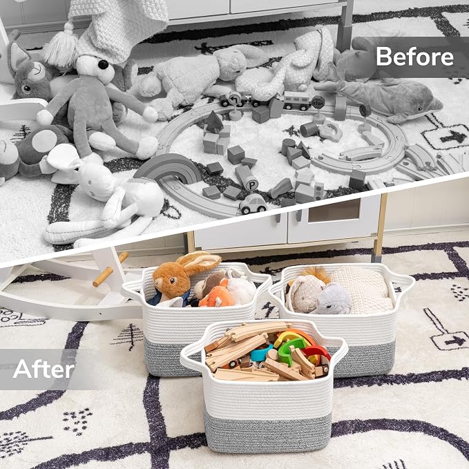 Goodpick Woven Storage Baskets for Organizing, Cotton Rope Organizer for Dog Toys Books, Rectangle Shoe Basket for Shelves, Stylish Gift Baskets Empty with Handles, 13"x10"x9", Blue - Image 7