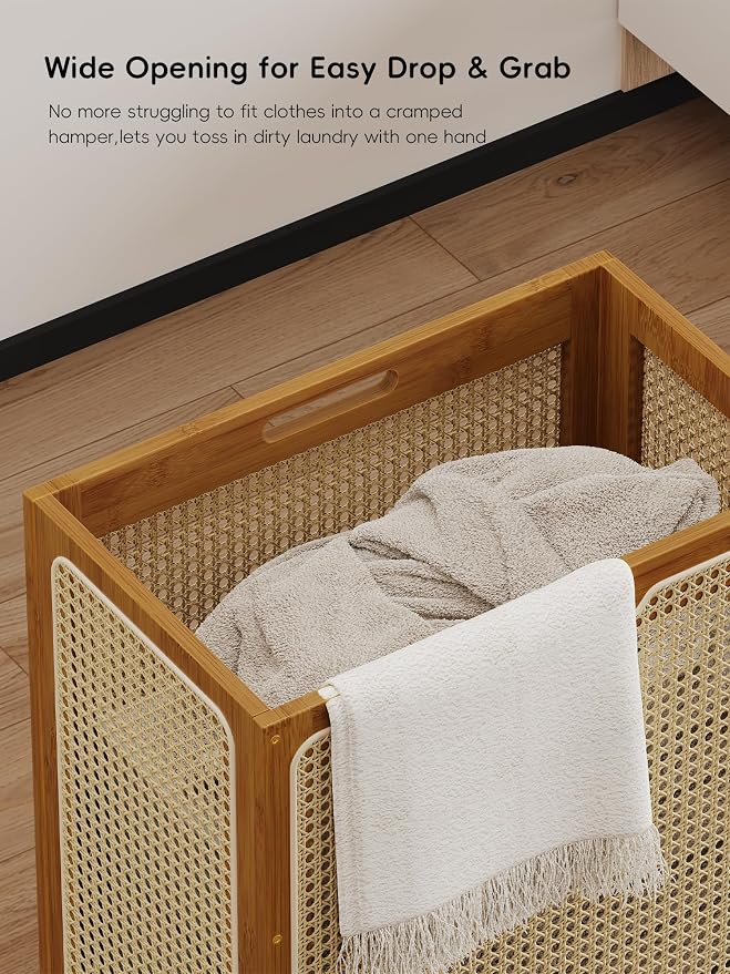 Laundry Hamper with Wheels, Decorative Boho Rattan Laundry Baskets, 90L Large Bamboo Dirty Clothes Basket Organizer, Rolling Wicker Laundry Hampers for Bathroom,Bedroom - Image 7