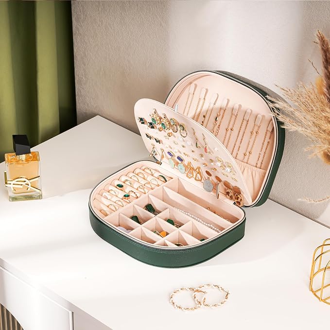 ProCase Travel Size Jewelry Box, Large Portable Seashell-Shaped Jewelry Case, 2 Layer Jewelry Organizer in PU Leather for Women -Emerald - Image 2