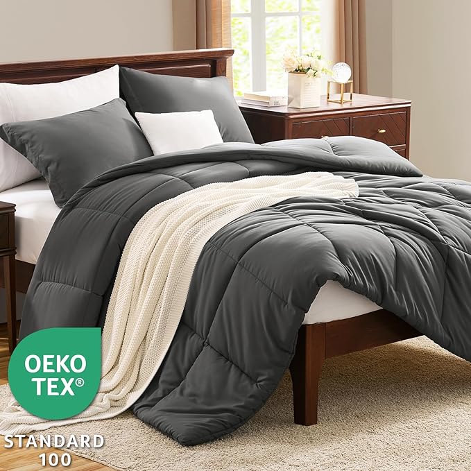 CozyLux Queen Comforter Set - Dark Grey Comforter Queen Size, 3 Pieces Box Stitched Bed Set for All Seasons, Soft Lightweight Bedding Sets with 1 Down Alternative Comforter and 2 Pillow Shams
