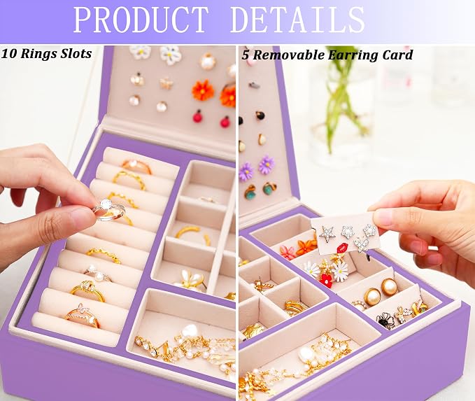 Earrings Jewelry Box for Girls, Large Capacity Jewelry Organizer with 40-Pair Earring Board, 2-Layer Leather Jewelry Storage Box for Necklaces Rings Bracelets with Removable Tray(Gift Idea),Purple - Image 6