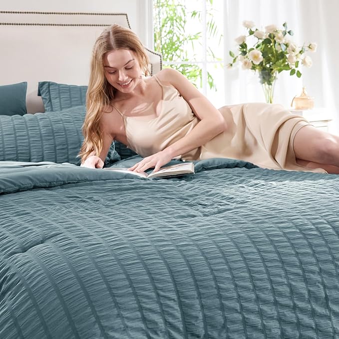 CozyLux King Size Comforter Set Mineral Blue Seersucker 7 Pieces Bed in a Bag King Comforter Set with Sheets, Luxury Soft Bedding Sets with Down Alternative Comforter, Sheets, Pillowcases & Shams