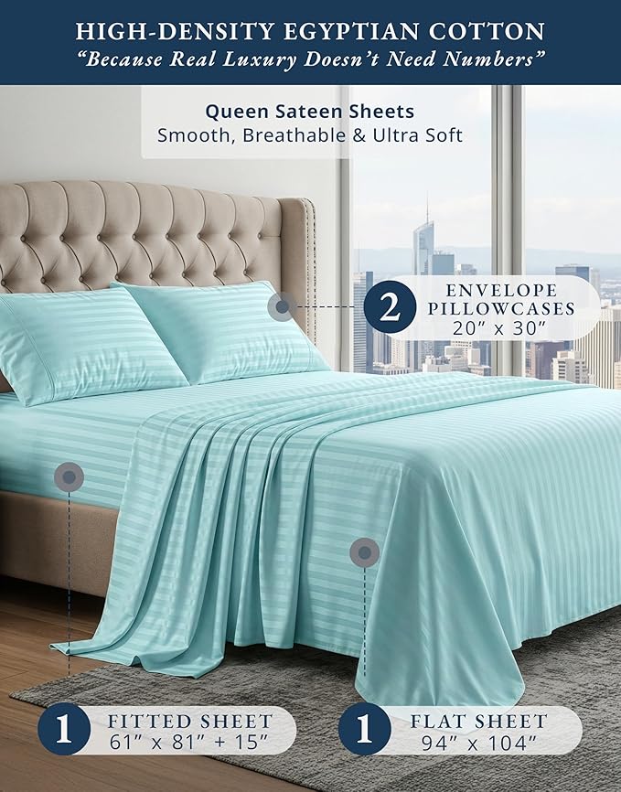 LANE LINEN 100% Egyptian Cotton Luxury Bedding Queen Sheet Set, Fade Resistant, No Pill, Naturally Cooling, Soft & Comfy Silky Smotth Sateen Weave Sheets Damask Stripe - Blue Sky