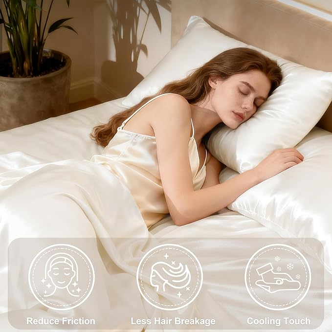 Love's cabin Satin Queen Sheets Set - 4 Piece Ivory Silky Bed Sheets with Deep Pocket, Luxury Silk Feel Satin Queen Size Sheet Set (1 Flat Sheet,1 Fitted Sheet,2 Pillow Cases)