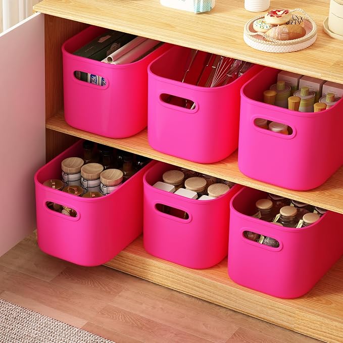 ORGIDOL 8 Pack Pink Storage Bins with Lids Stackable Storage Container for Organizing, Storage Boxes with Handle for Shelves, Cute Storage Bin for Craft, Snacks, 9.85x6.9x5.7 inch - Image 3