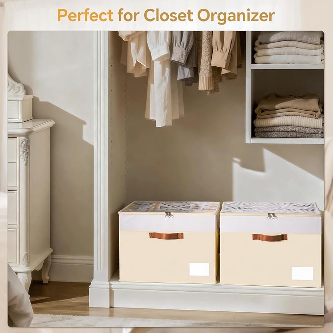 Criusia Shoe Organizer for Closet, 2 Pack Foldable Shoe Storage Organizer Box Bin with Adjustable Dividers and Clear Cover, Closet Shoe Storage for Sneakers Sandals Boots, Fit 16-32 Pairs, Beige - Image 6