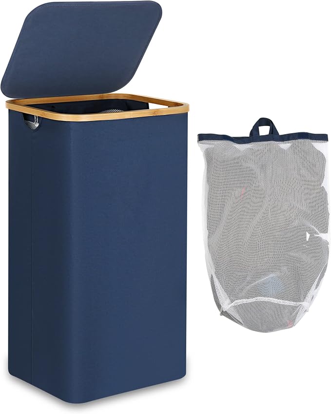 efluky Laundry Basket with Lid and Removable Bag, 100L Tall Laundry Hamper with Bamboo Handles, Aesthetic Dirty Clothes Bin for Laundry Room, Bathroom, Bedroom and Dorm, Blue by efluky