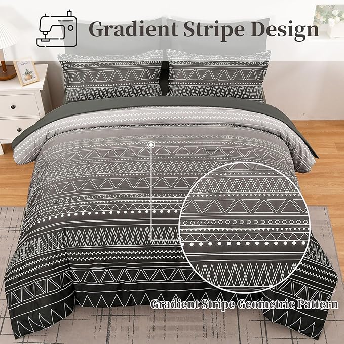WONGS BEDDING Black Grey Boho Comforter Set King Size 7 Piece Stripe Gradient Bed Set Bed in a Bag Bedding Set for All Seasons Reversible Soft Microfiber Comforter with Sheets, Pillowcases & Shams
