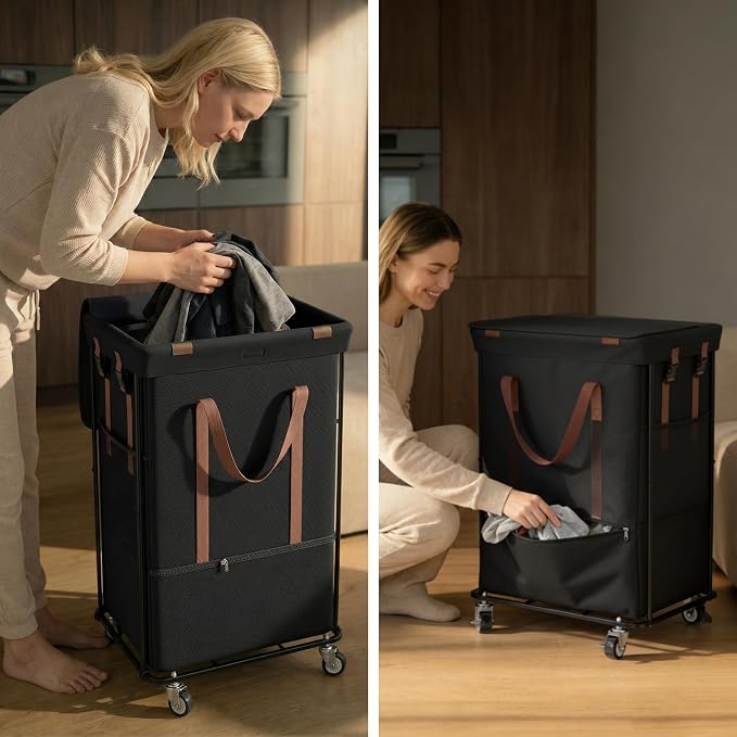 Double Laundry Hamper with Lid, Rolling Laundry Basket with Wheels and 2 Removable 75L Bags, 2 Section Large Capacity for Laundry Bedroom Bathroom Dorm, Easy Move & Organize,150L Black - Image 4