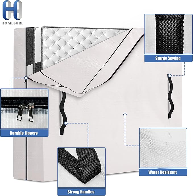 Mattress Bags for Moving and Storage with 8 Handles - Mattress Cover for Moving - Heavy Duty, Strong Zipper Closure, Moving Supplies & Moving Bag - Semi-Transparent, Queen