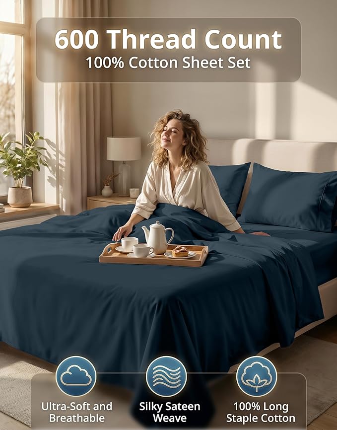 LANE LINEN 100% Cotton Sheets King Size – 600 Thread Count King Size Bed Sheets, Hotel Luxury Soft Silky Sateen Weave, Durable for Year Round Use, Fully Elasticized 15" Deep Pocket – Estate Blue