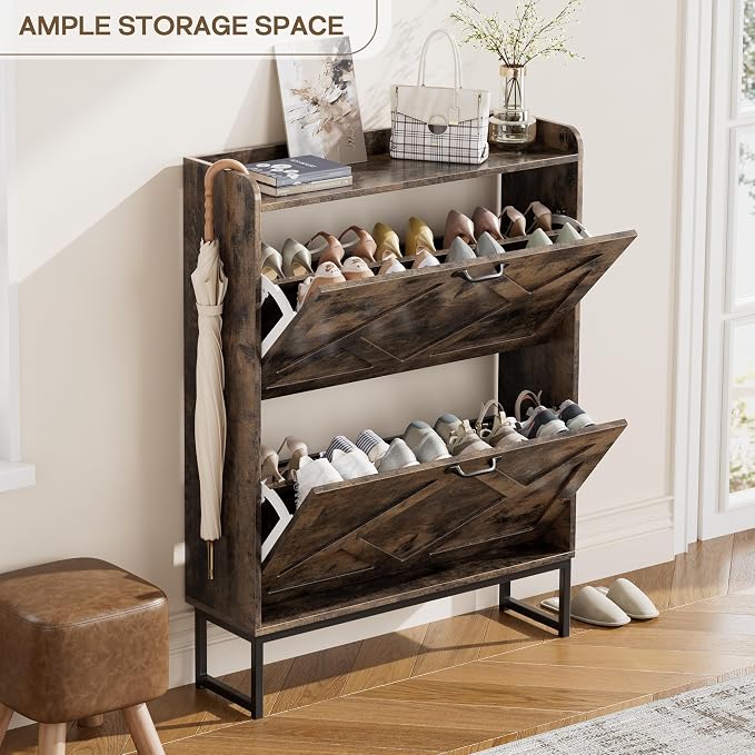 Nicetree Shoe Cabinet with 2 Flip Drawers, Freestanding Shoe Storage Cabinet with Metal Legs, Farmhouse Shoe Organizer for Entryway, Foyer, Hallway - Image 7