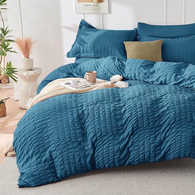 HYMOKEGE Teal Full Size Comforter Sets Seersucker 7 Pieces, All Season Luxury Bed in a Bag for Bedroom, Bedding Set with Comforters, Sheets, Pillowcases & Shams