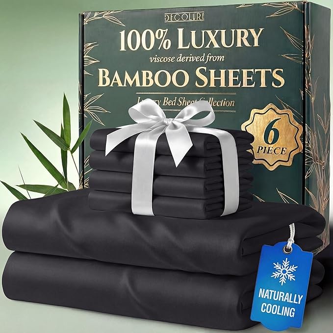 DECOLURE 100% Viscose Derived from Bamboo Sheets Queen Size - Luxury 6 Pc Naturally Cooling Sheets, Ultra Soft Bed Set - Deep 17" Pockets, Durable Double Stitching, Oeko Tex Standard (Charcoal)