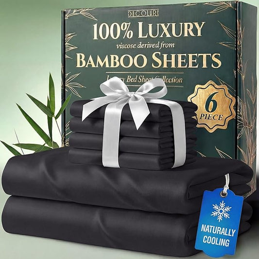 DECOLURE 100% Viscose Derived from Bamboo Sheets Full Size - Luxury 6 Pc Naturally Cooling Sheets, Ultra Soft Bed Set - Deep 17" Pockets, Durable Double Stitching, Oeko Tex Standard (Charcoal)