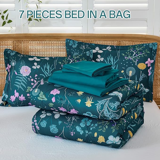 Yiran Teal Blue Comforter Set Queen Size, 7 Piece Floral Botanical Comforter Bedding Set, Farmhouse Bed in a Bag, Soft Microfiber Complete Bedding Set with Sheets for All Season
