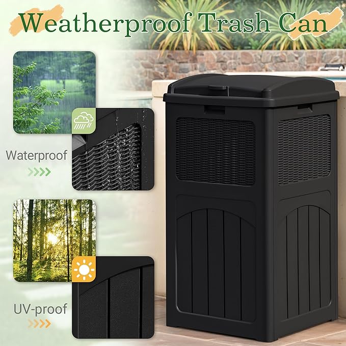 Greesum 33 Gallon Outdoor Trash Can with Lid, Waterproof Resin Garbage Bin for Hideaway, Deck, Patio, Black - Image 3