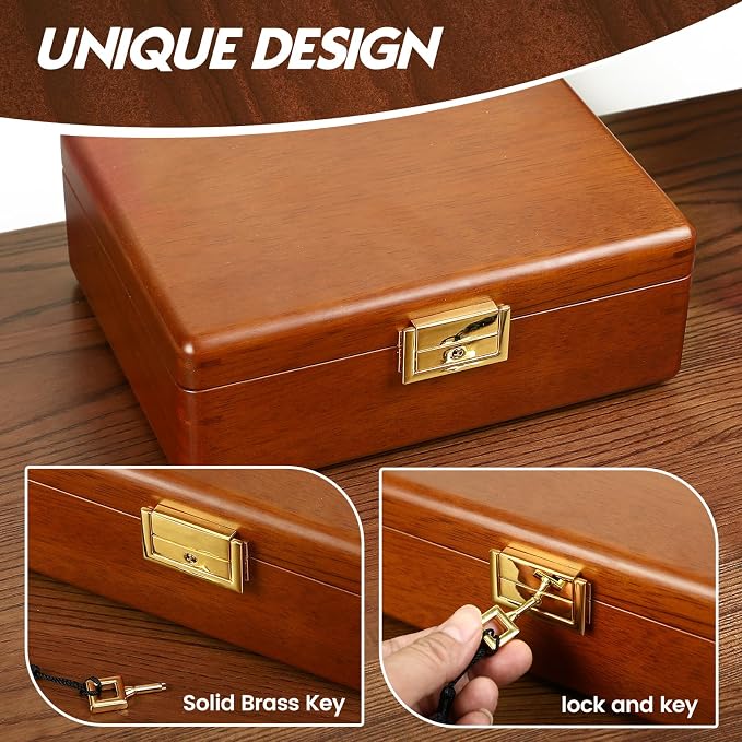 Solid Walnut Wood Jewelry Box with Lock,2 Layer Velvet Lined for Earrings Rings Necklaces Bracelets Watches,Both Style and Security, for Men Women,Vintage Brown - Image 6