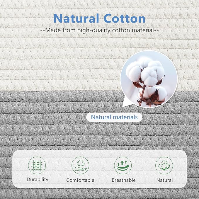 ECDYQXVU Cotton Rope Storage Baskets,15x10x9 in,Foldable Storage Bins, Decorative Woven Basket Cube Storage Organizer for Laundry, Towel, Clothes (White/Grey-3Pack, 15x10x9 inches) - Image 3