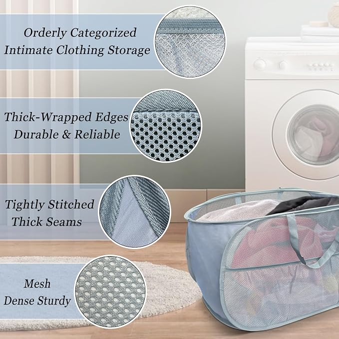 Collapsible Laundry Baskets 2 Pack, Mesh Pop Up Hamper with Handles, Portable Stair Basket, Dorm or Room Folding Bin, Dirty Clothes Hamper Light Breathable. Grey. 2H - Image 5