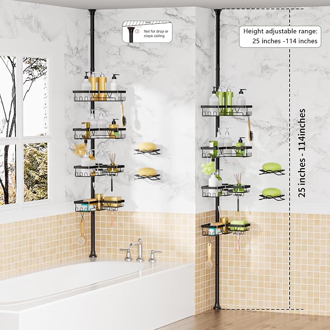 DAOYA Corner Shower Caddy + 2 Soap Holders, 4 Tier Shower Caddy Tension Pole Stainless Steel Black, Extends 25-114.2 Inches, for Bathroom Organizers and Storage, Renter-Friendly and Gift Idea - Image 7