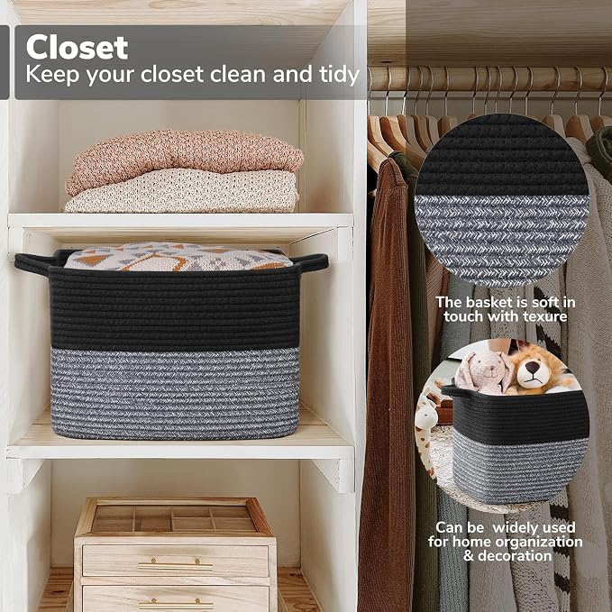 Goodpick Woven Storage Baskets for Organizing, Cotton Rope Organizer for Living Room, Closet Storage Bins for Toys Books, Rectangle Laundry Basket with Handles, 13"x10"x9", Black & Gray - Image 5