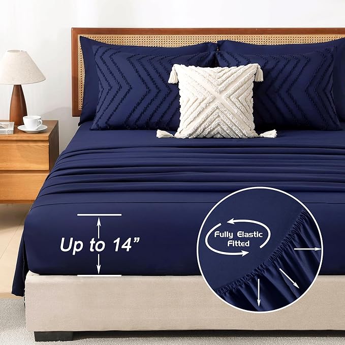 Litanika Queen Size Comforter Set with Sheets Navy Blue - 7 Pieces Bed in a Bag Queen Chevron Tufted Complete Bedding Sets with Comforter, Sheets, Pillowcases & Shams