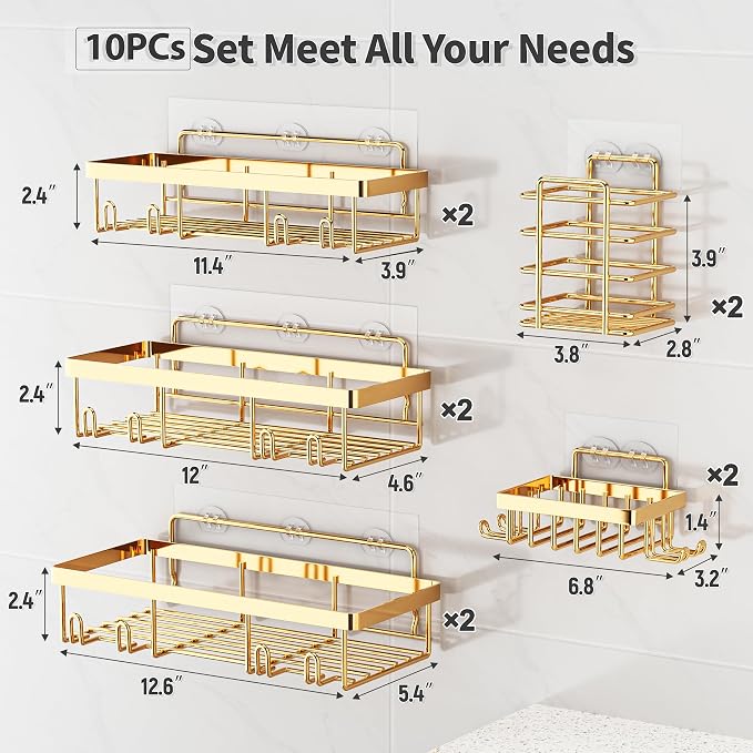 Liuoud 10 Pack Shower Caddy Organizer Rack Shelf for Inside Shower, Self Adhesive Wall Storage Basket Rustproof Stainless Steel Shampoo Holder Bathroom Accessory Decor Set, Gold - Image 2