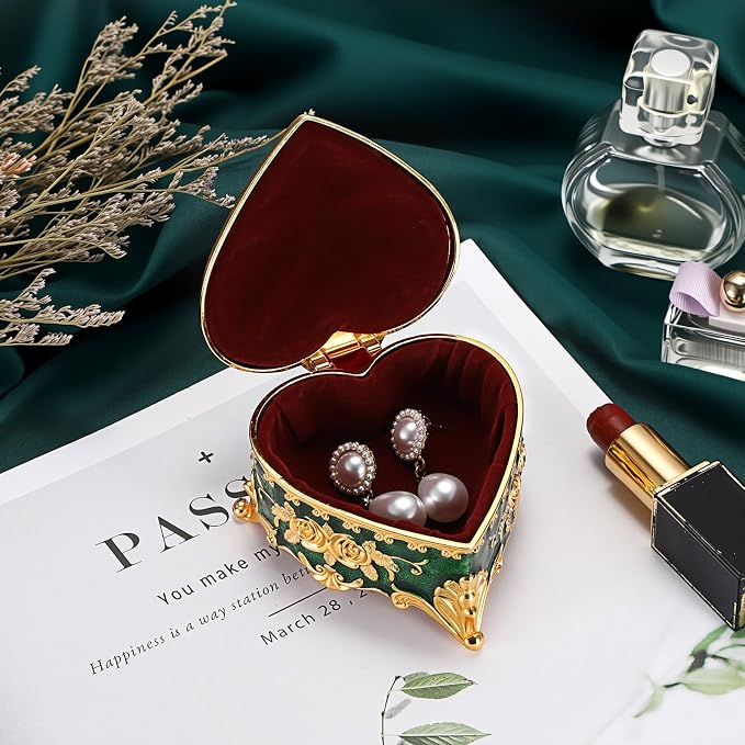 Hipiwe Vintage Jewelry Storage Box Heart Shaped Trinket Box Green Decorative Keepsake Box with Rose Pattern Treasure Organizer Holder for Women - Image 5