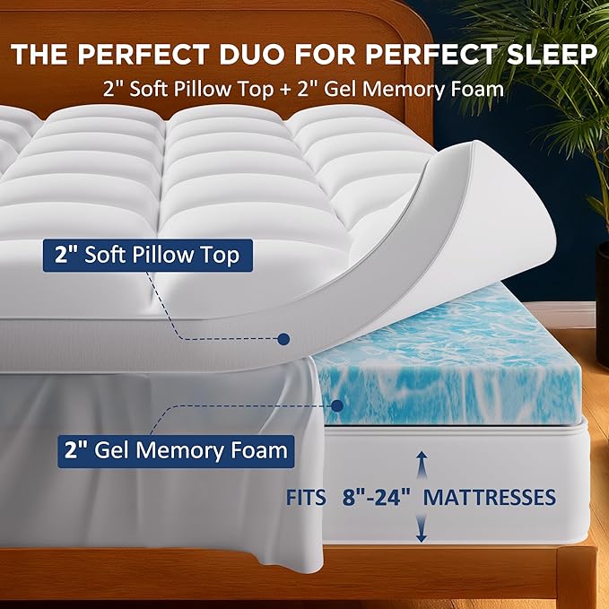 King Size Dual Layer 4 Inch Memory Foam Mattress Topper, 2 Inch Cooling Gel Infused Memory Foam and 2 Inch Airflow Down Alternative Pillow Top, 8-24 Inch Deep Pocket Bed Topper